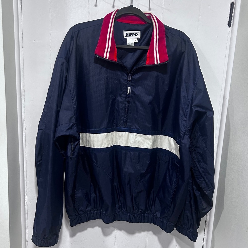 Hippo Mens XL Quarter Zip Windbreaker Navy Blue Ripstop Nylon Pullover Jacket